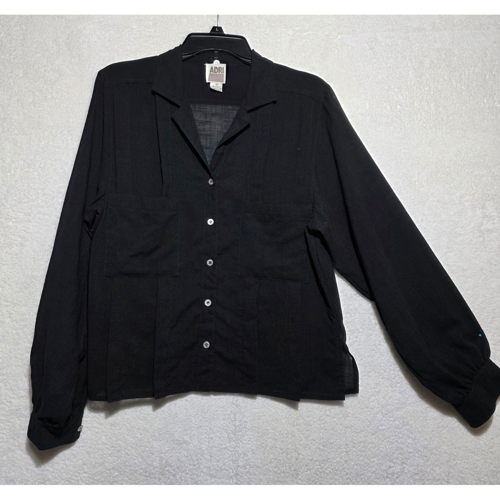 Adri Vintage Black 100% Wool Pleated Button Down Shirt Hong Kong Size 10